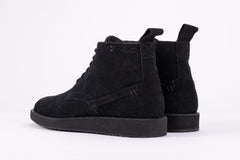 Pair of black suede high-top boots on a white background