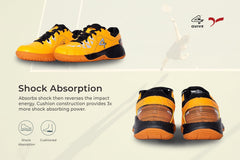 Yellow sports shoe with black accents on a white background, badminton, squash, tennis, table tennis