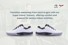 White sports shoe with black accents on a white background, badminton, squash, tennis, table tennis