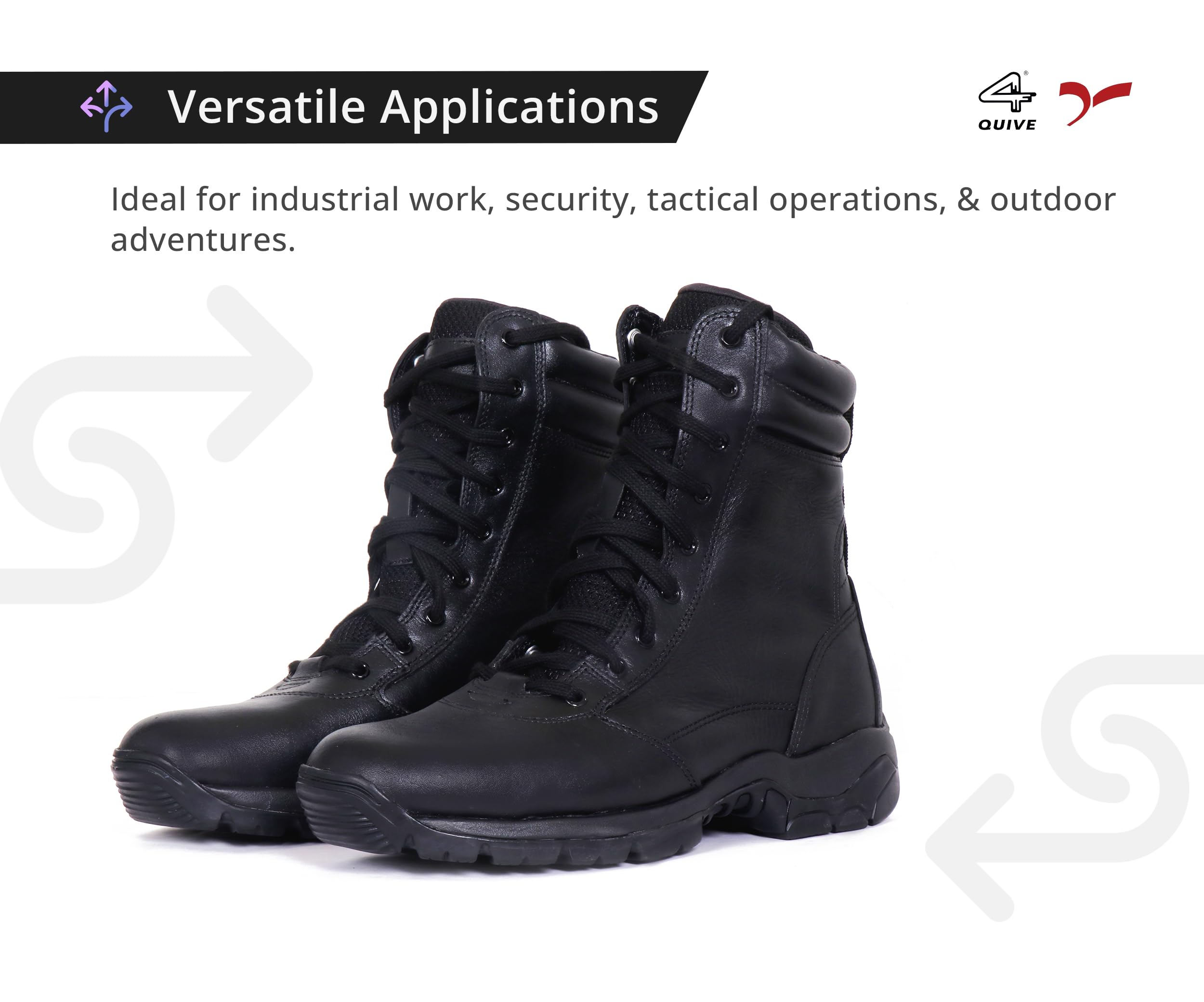 A pair of black mid-calf leather combat boots with lace-up closure and a sole designed for off-road and tactical use.