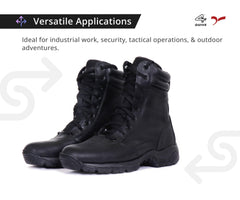 A pair of black mid-calf leather combat boots with lace-up closure and a sole designed for off-road and tactical use.