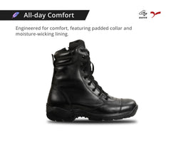 A pair of black leather mid-calf combat boots designed for men.