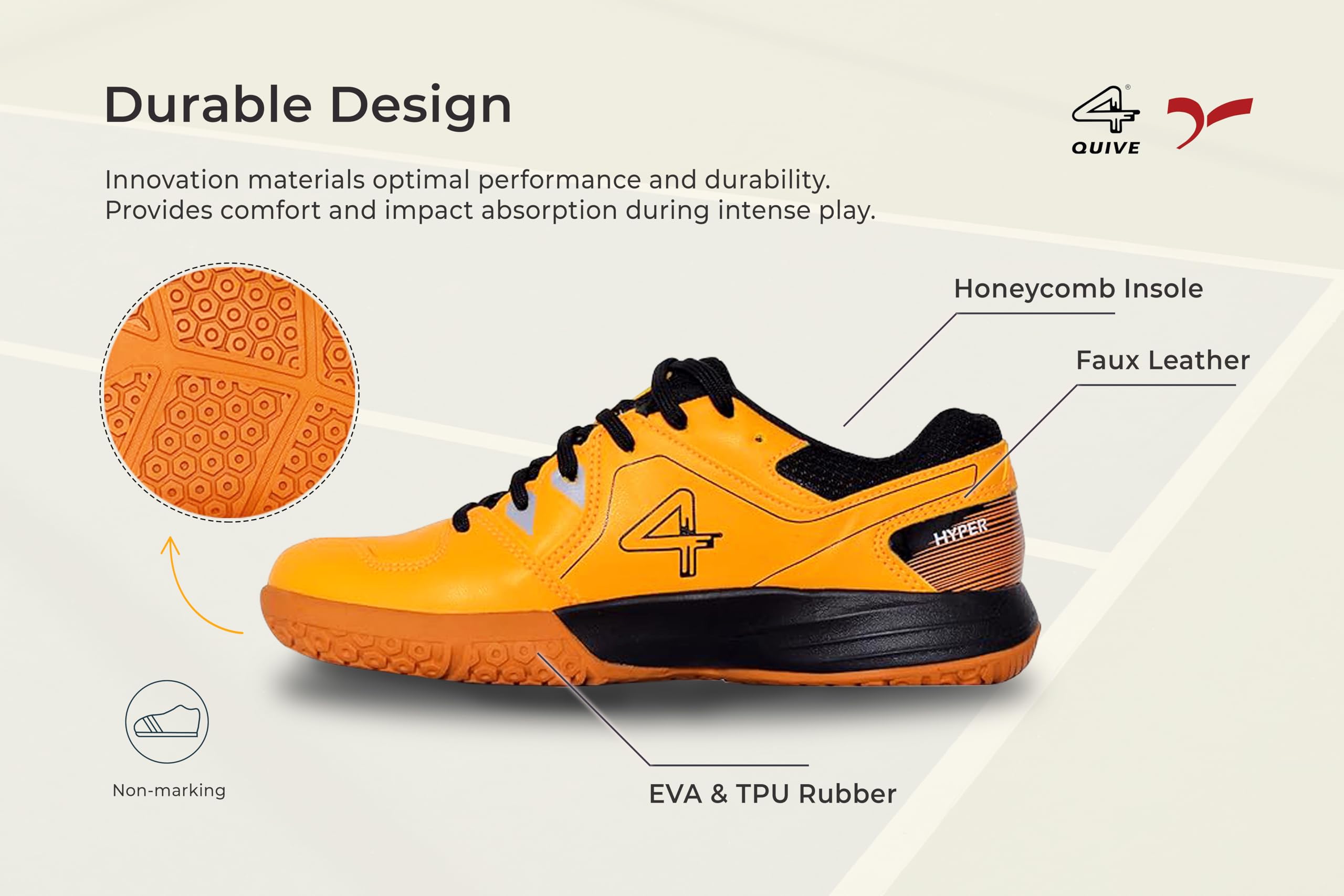 Yellow sports shoe with black accents on a white background, badminton, squash, tennis, table tennis