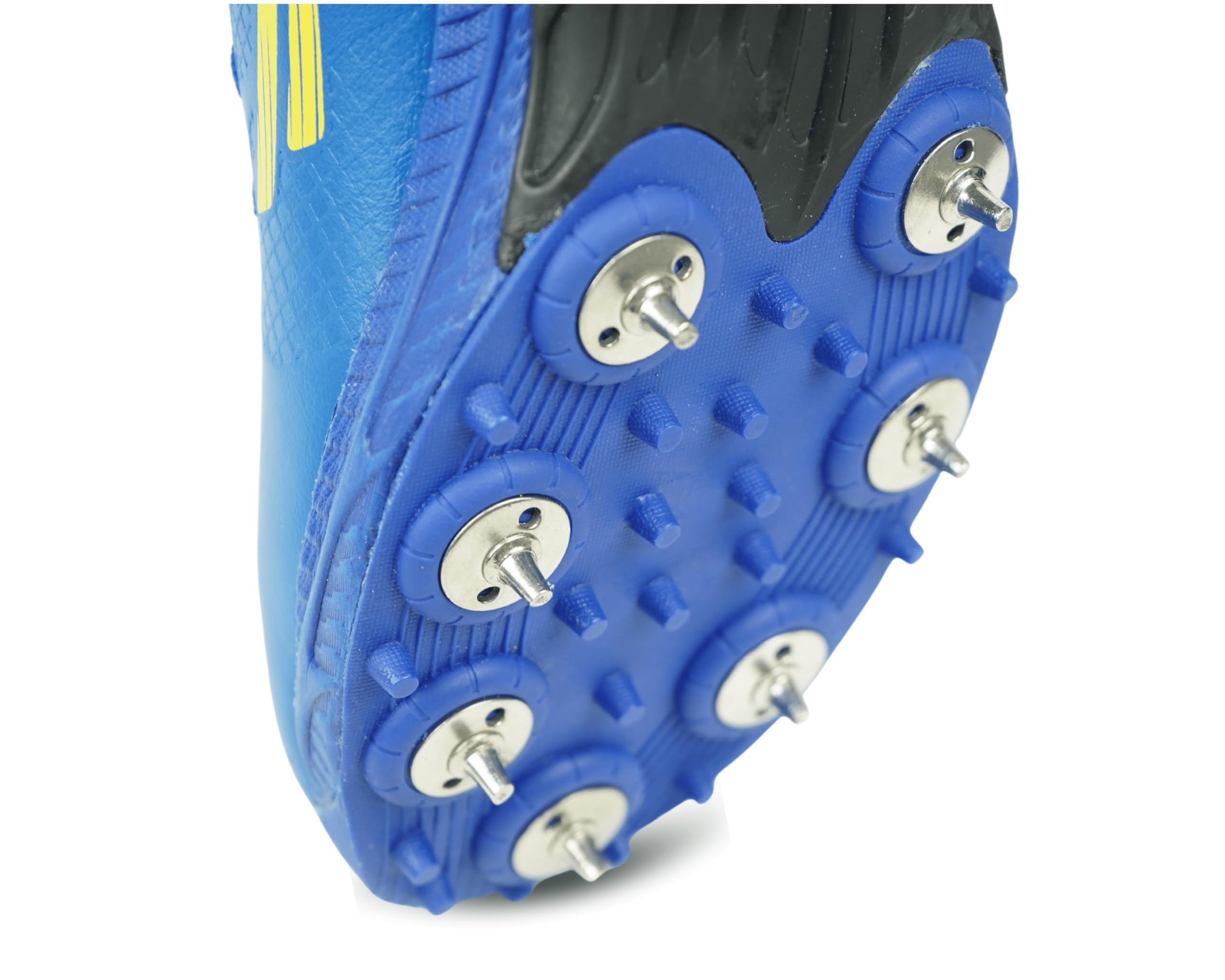 A pair of blue Sega P-25 cricket shoes with yellow accents and metal spikes on the sole.