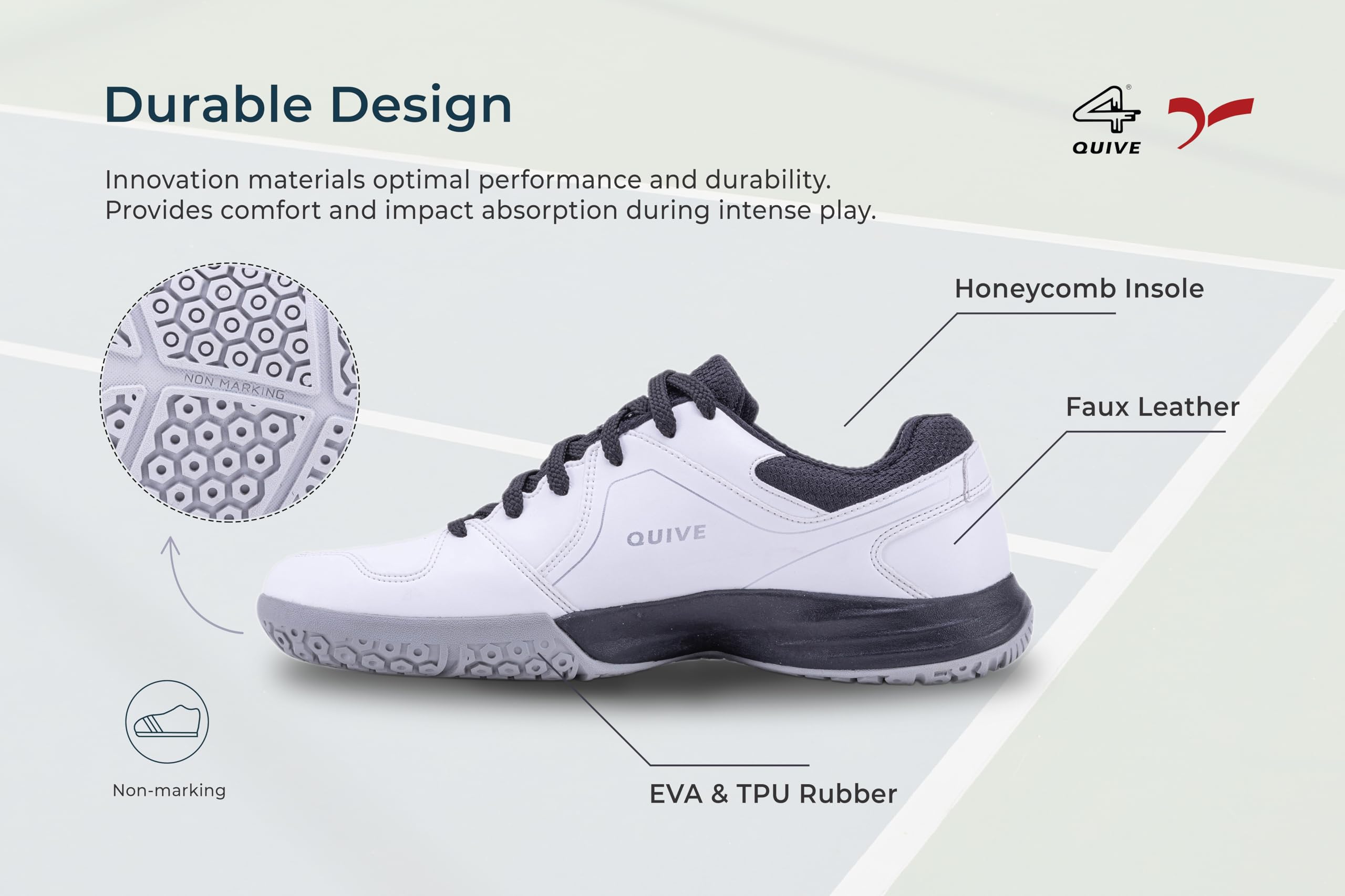 White sports shoe with black accents on a white background, badminton, squash, tennis, table tennis