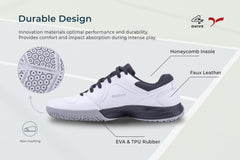 White sports shoe with black accents on a white background, badminton, squash, tennis, table tennis