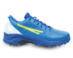 A pair of blue Sega P-25 cricket shoes with yellow accents and metal spikes on the sole.