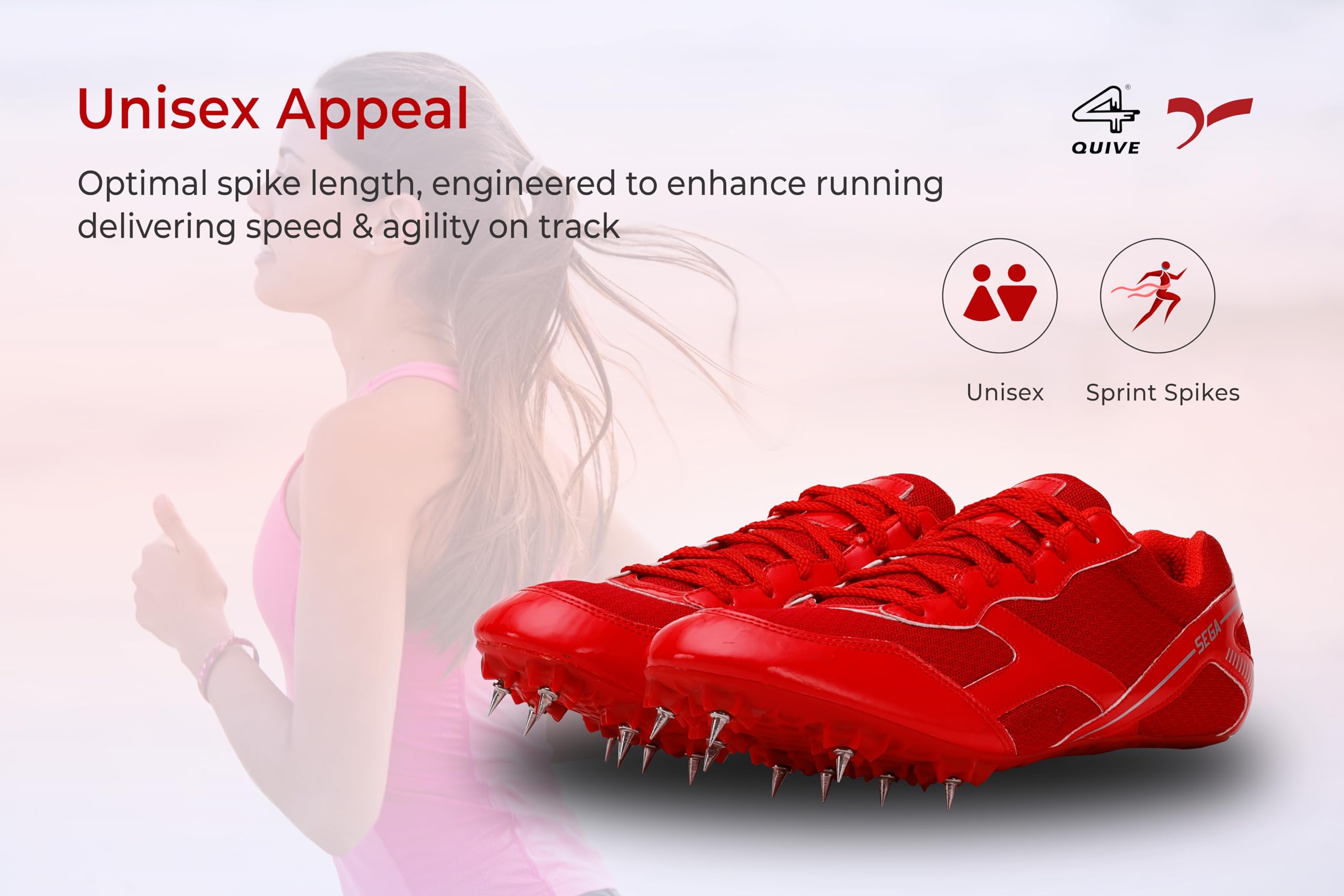 A red SEGA Flower metal spikes track and field running shoe with a synthetic leather upper and a textured outsole.