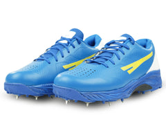 A pair of blue Sega P-25 cricket shoes with yellow accents and metal spikes on the sole.