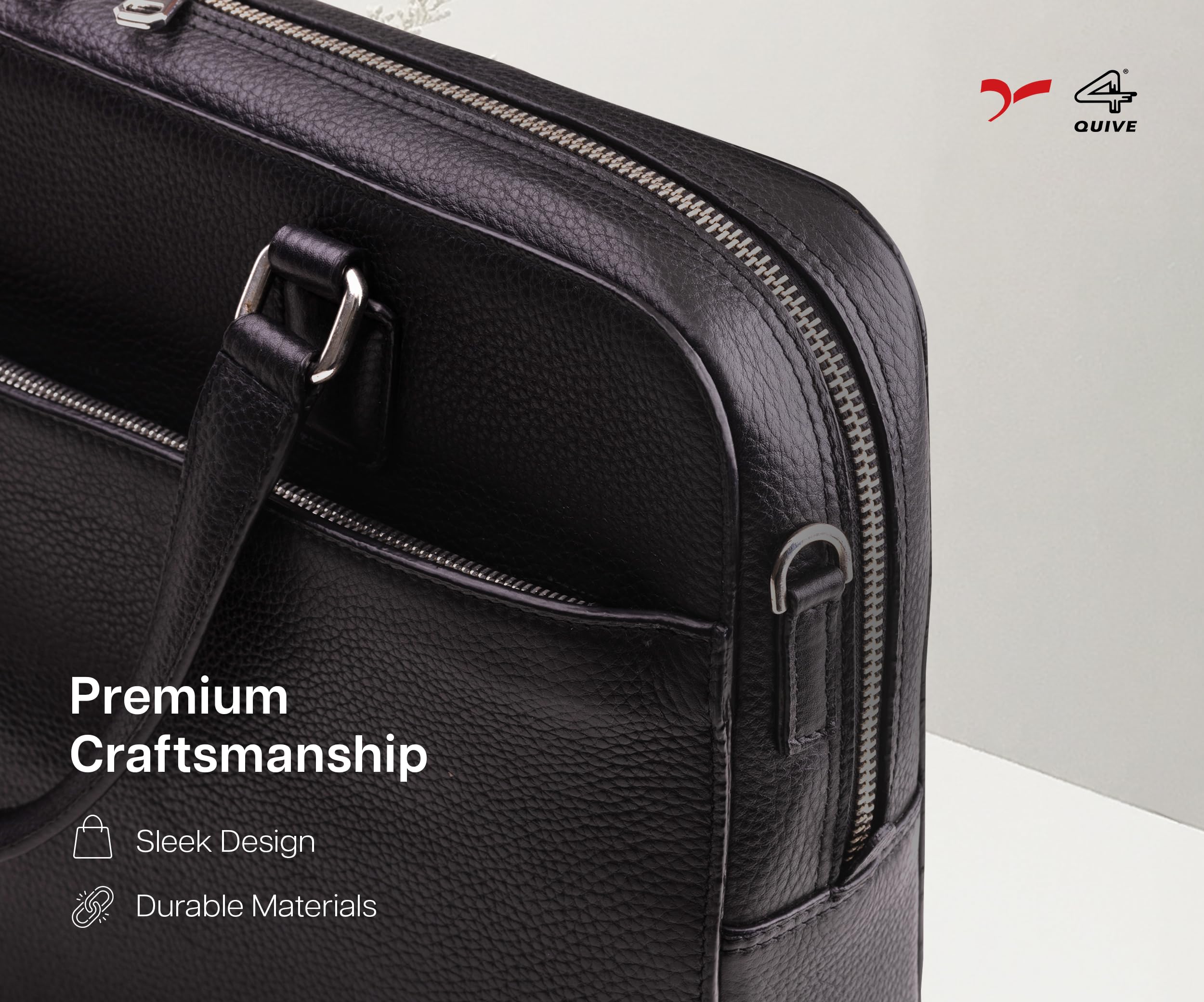 A black premium calf hand made leather laptop bag with a handle and a shoulder strap, featuring a sleek design and multiple compartments.