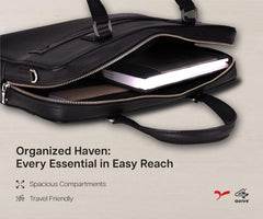 A black premium calf hand made leather laptop bag with a handle and a shoulder strap, featuring a sleek design and multiple compartments.