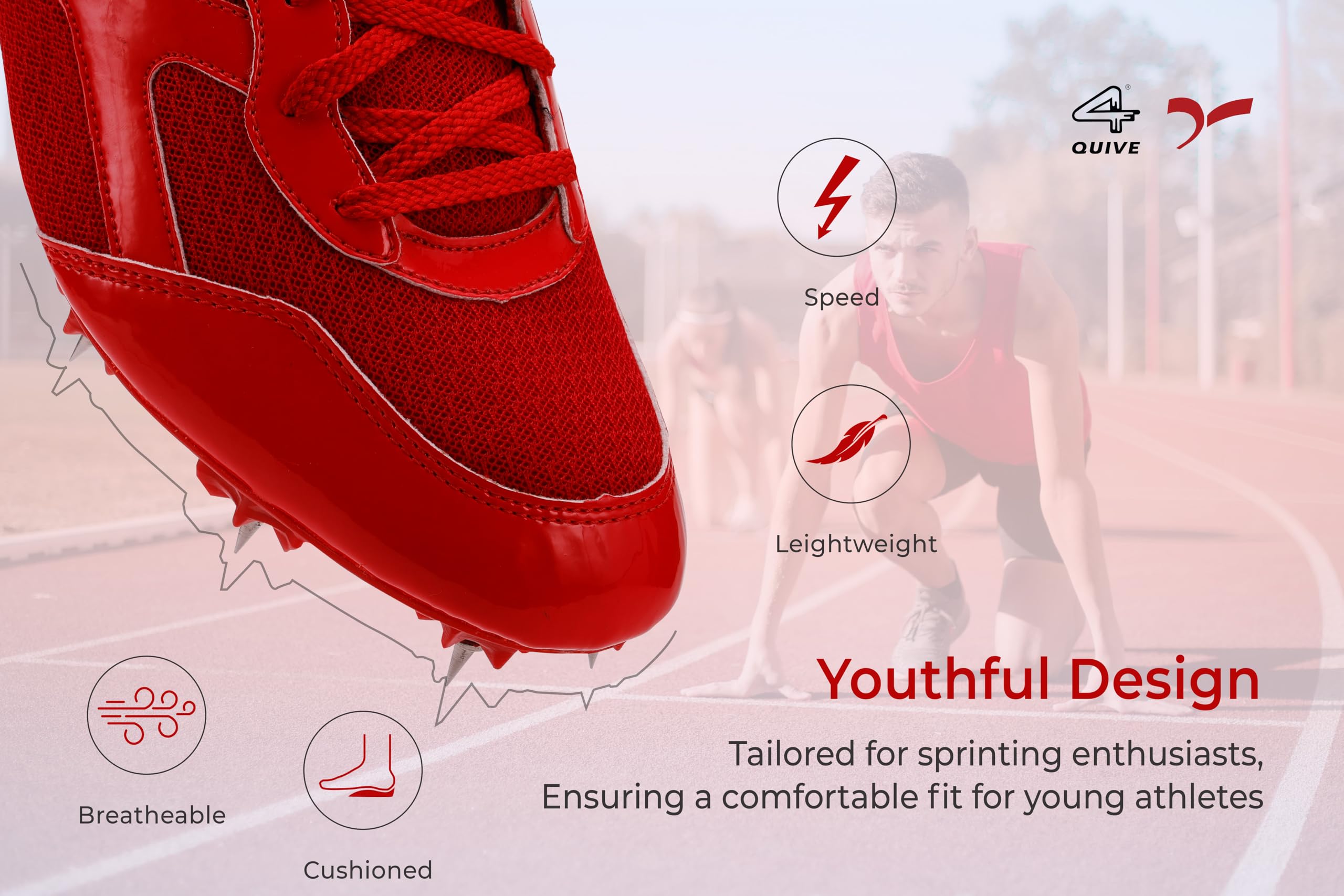 A red SEGA Flower metal spikes track and field running shoe with a synthetic leather upper and a textured outsole.
