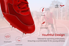 A red SEGA Flower metal spikes track and field running shoe with a synthetic leather upper and a textured outsole.