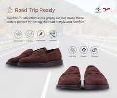 A pair of brown suede leather moccasin loafers for men.