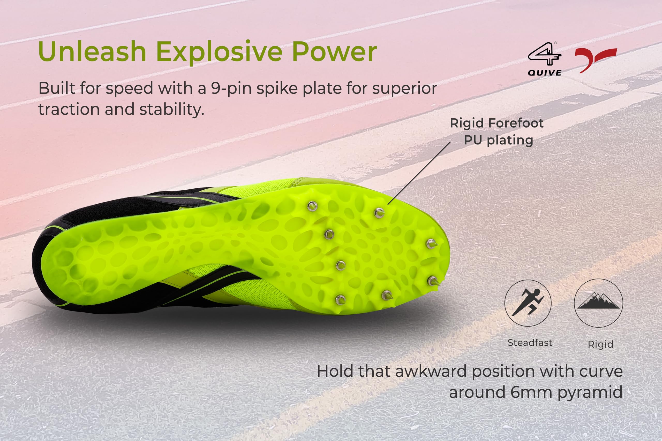 Bright green and black running shoe with cleats on a white background