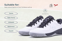 White sports shoe with black accents on a white background, badminton, squash, tennis, table tennis