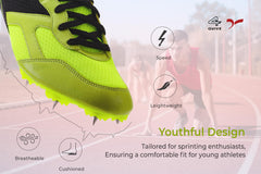 Bright green and black running shoe with cleats on a white background