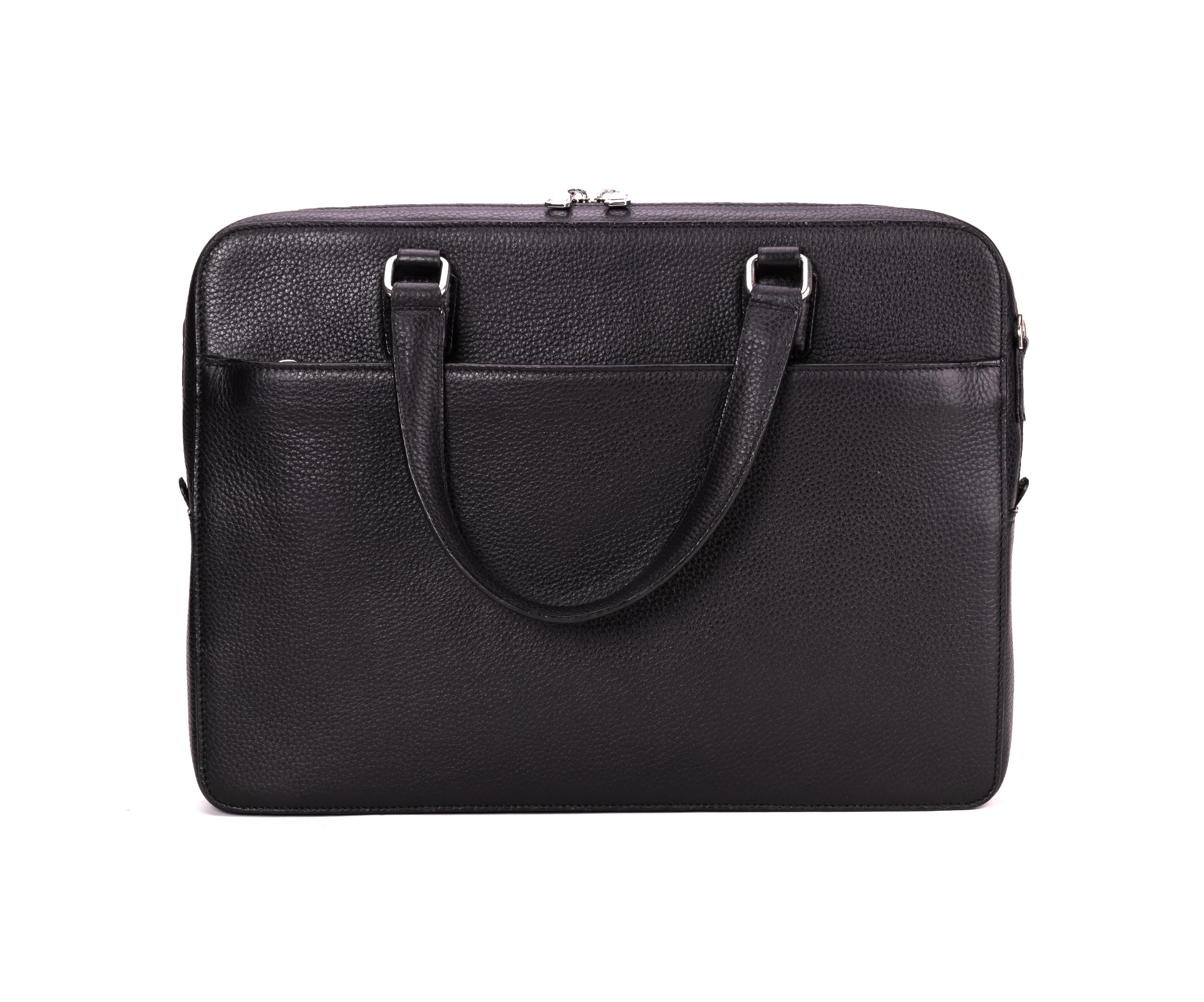 A black premium calf hand made leather laptop bag with a handle and a shoulder strap, featuring a sleek design and multiple compartments.