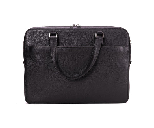 A black premium calf hand made leather laptop bag with a handle and a shoulder strap, featuring a sleek design and multiple compartments.