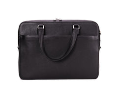 A black premium calf hand made leather laptop bag with a handle and a shoulder strap, featuring a sleek design and multiple compartments.