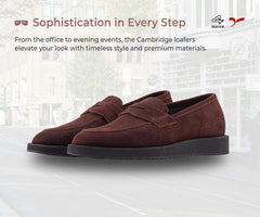 A pair of brown suede leather moccasin loafers for men.