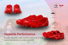 A red SEGA Flower metal spikes track and field running shoe with a synthetic leather upper and a textured outsole.