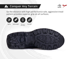 A pair of black mid-calf leather combat boots with lace-up closure and a sole designed for off-road and tactical use.