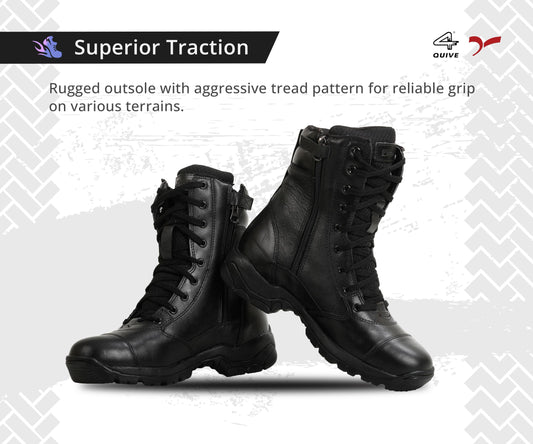 A pair of black leather mid-calf combat boots designed for men.