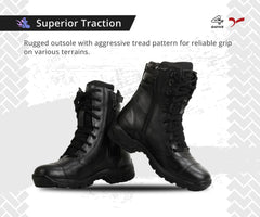 A pair of black leather mid-calf combat boots designed for men.