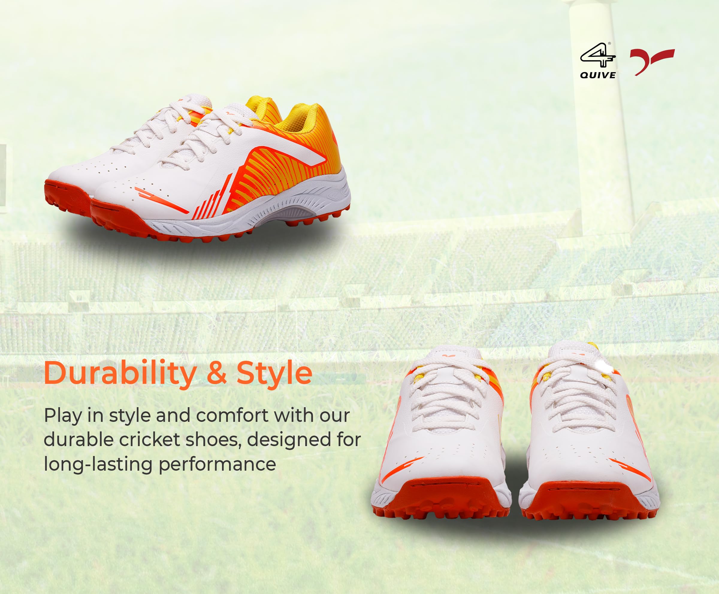 A pair of white, and orange cricket shoes with rubber studs and an lace up for support.