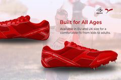 A red SEGA Flower metal spikes track and field running shoe with a synthetic leather upper and a textured outsole.