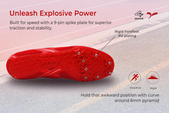 A red SEGA Flower metal spikes track and field running shoe with a synthetic leather upper and a textured outsole.