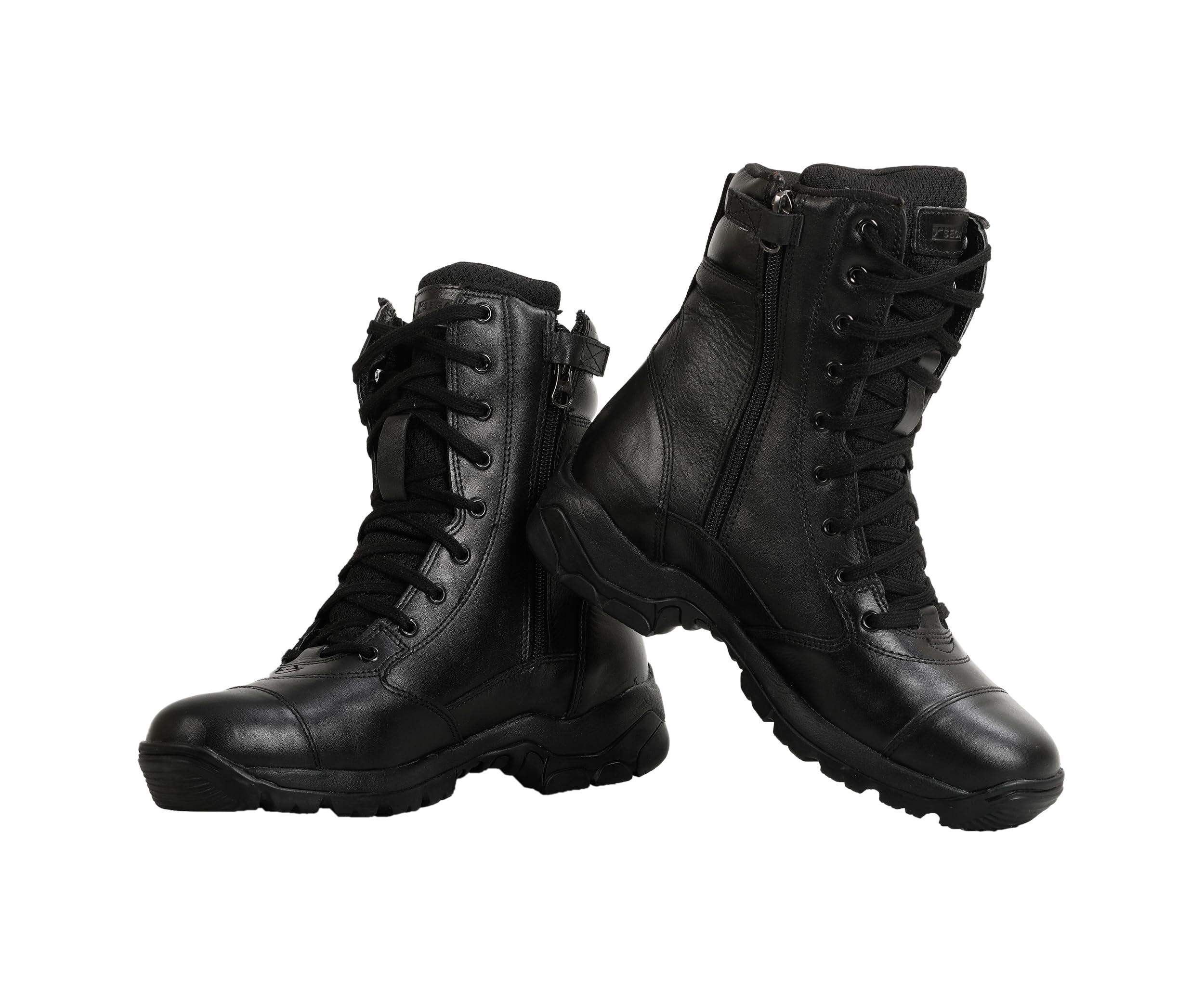 Black leather ankle boots with a lace-up closure and a rubber sole.