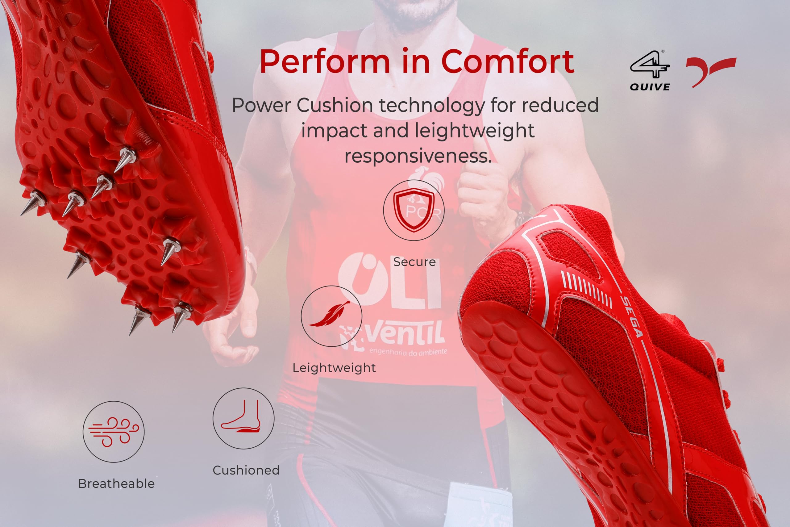 A red SEGA Flower metal spikes track and field running shoe with a synthetic leather upper and a textured outsole.