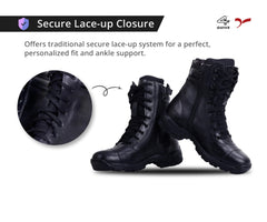 A pair of black leather mid-calf combat boots designed for men.