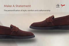 A pair of brown suede leather moccasin loafers for men.