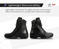 A pair of black leather mid-calf combat boots designed for men.