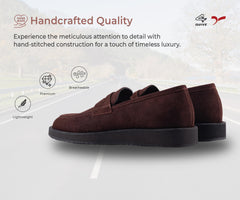 A pair of brown suede leather moccasin loafers for men.