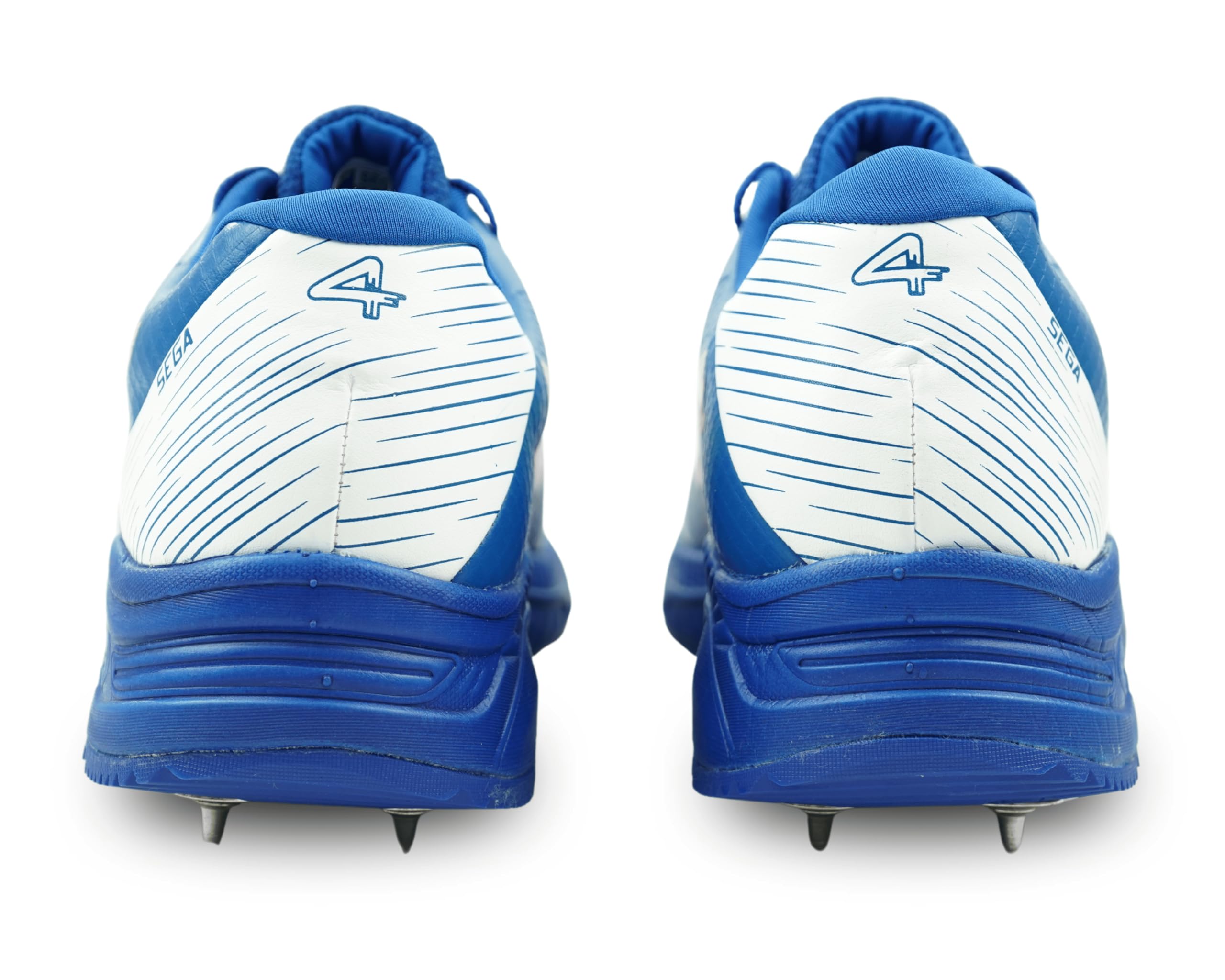 A pair of blue Sega P-25 cricket shoes with yellow accents and metal spikes on the sole.