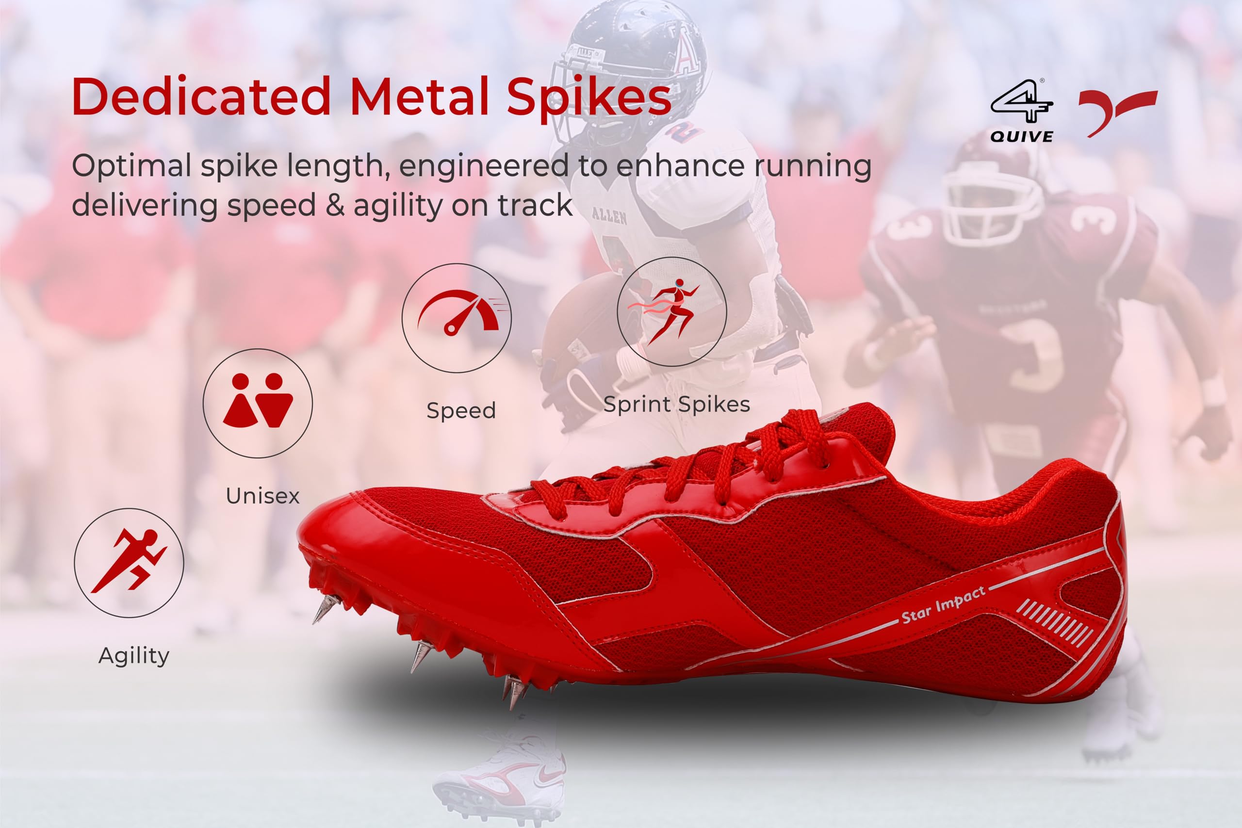 A red SEGA Flower metal spikes track and field running shoe with a synthetic leather upper and a textured outsole.