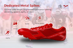 A red SEGA Flower metal spikes track and field running shoe with a synthetic leather upper and a textured outsole.