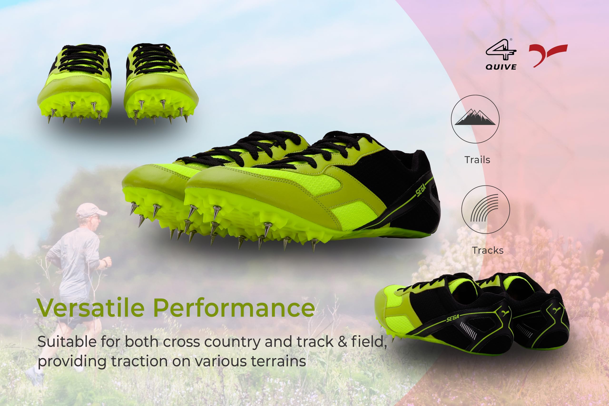 Bright green and black running shoe with cleats on a white background