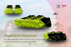 Bright green and black running shoe with cleats on a white background