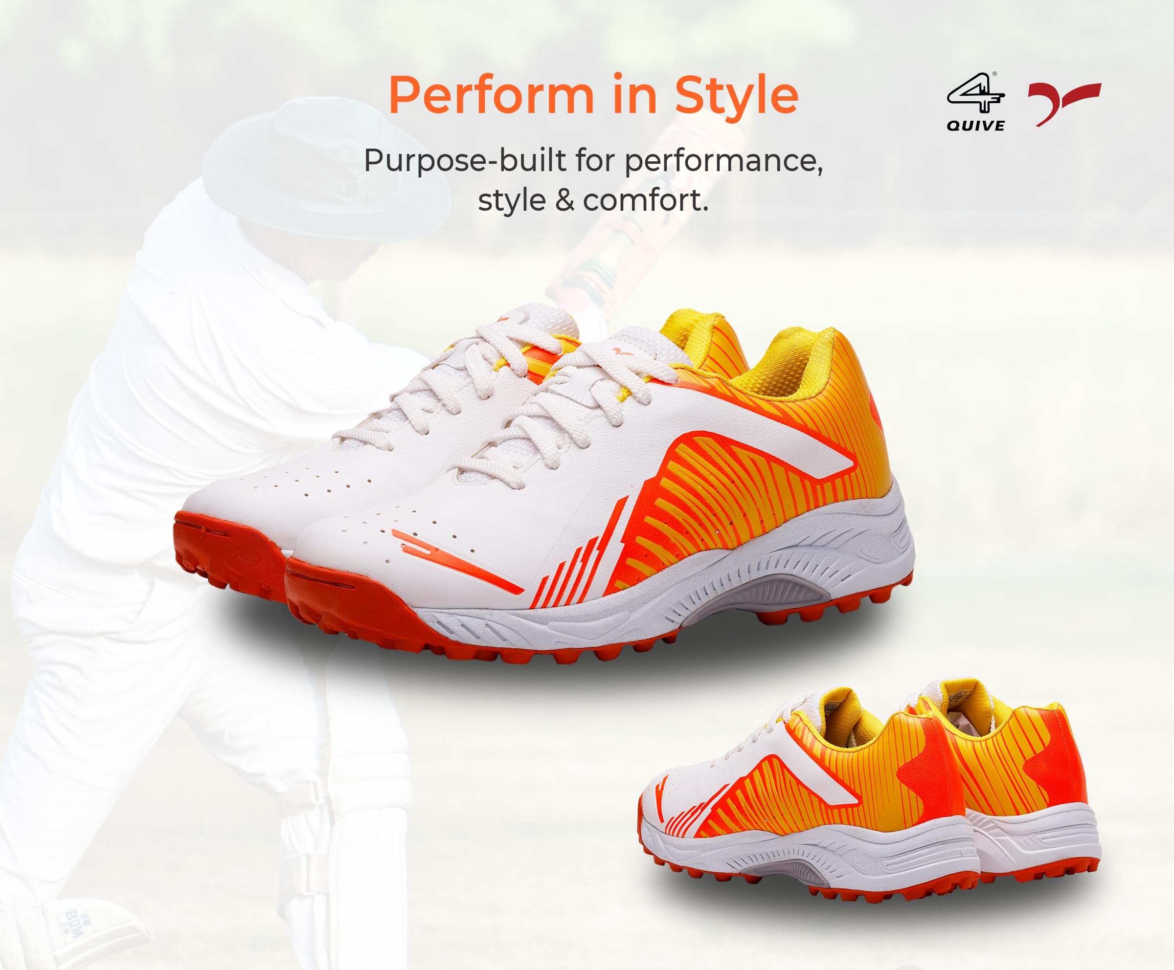 A pair of white, and orange cricket shoes with rubber studs and an lace up for support.
