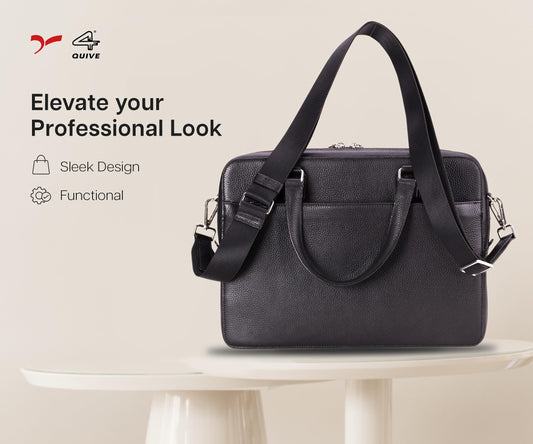 A black premium calf hand made leather laptop bag with a handle and a shoulder strap, featuring a sleek design and multiple compartments.