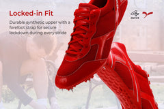 A red SEGA Flower metal spikes track and field running shoe with a synthetic leather upper and a textured outsole.