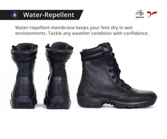 A pair of black mid-calf leather combat boots with lace-up closure and a sole designed for off-road and tactical use.