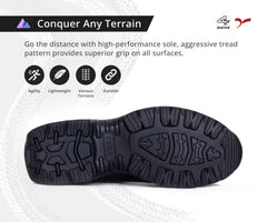 A pair of black leather mid-calf combat boots designed for men.