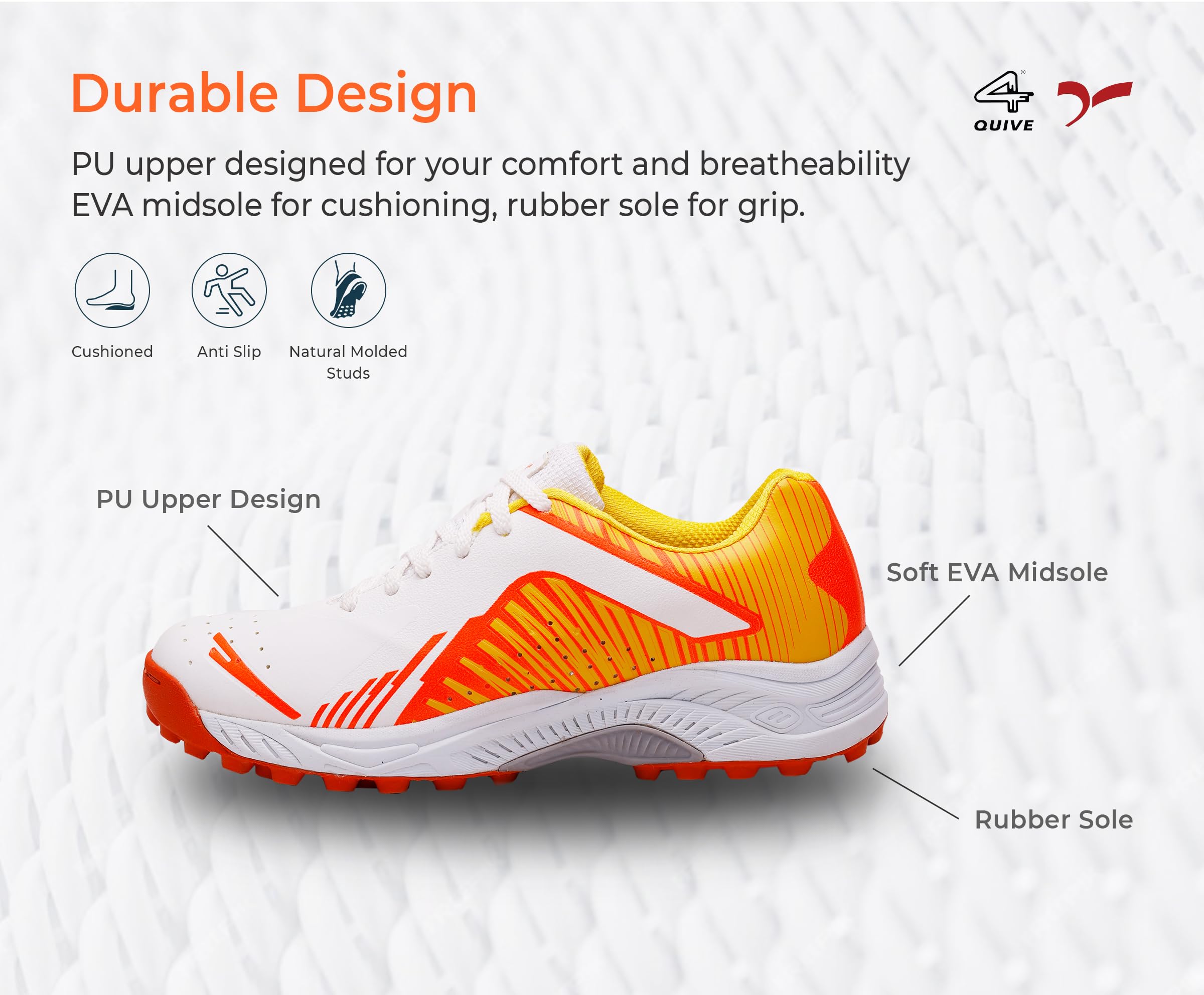 A pair of white, and orange cricket shoes with rubber studs and an lace up for support.