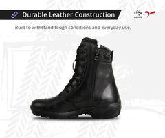 A pair of black leather mid-calf combat boots designed for men.